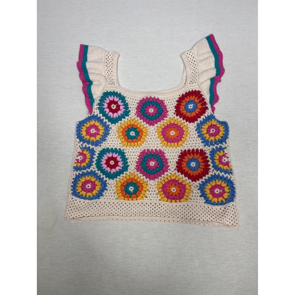 THML Crochet Granny Square Top Womens Medium Cream Multicolor Boho Ruffle Sleeve